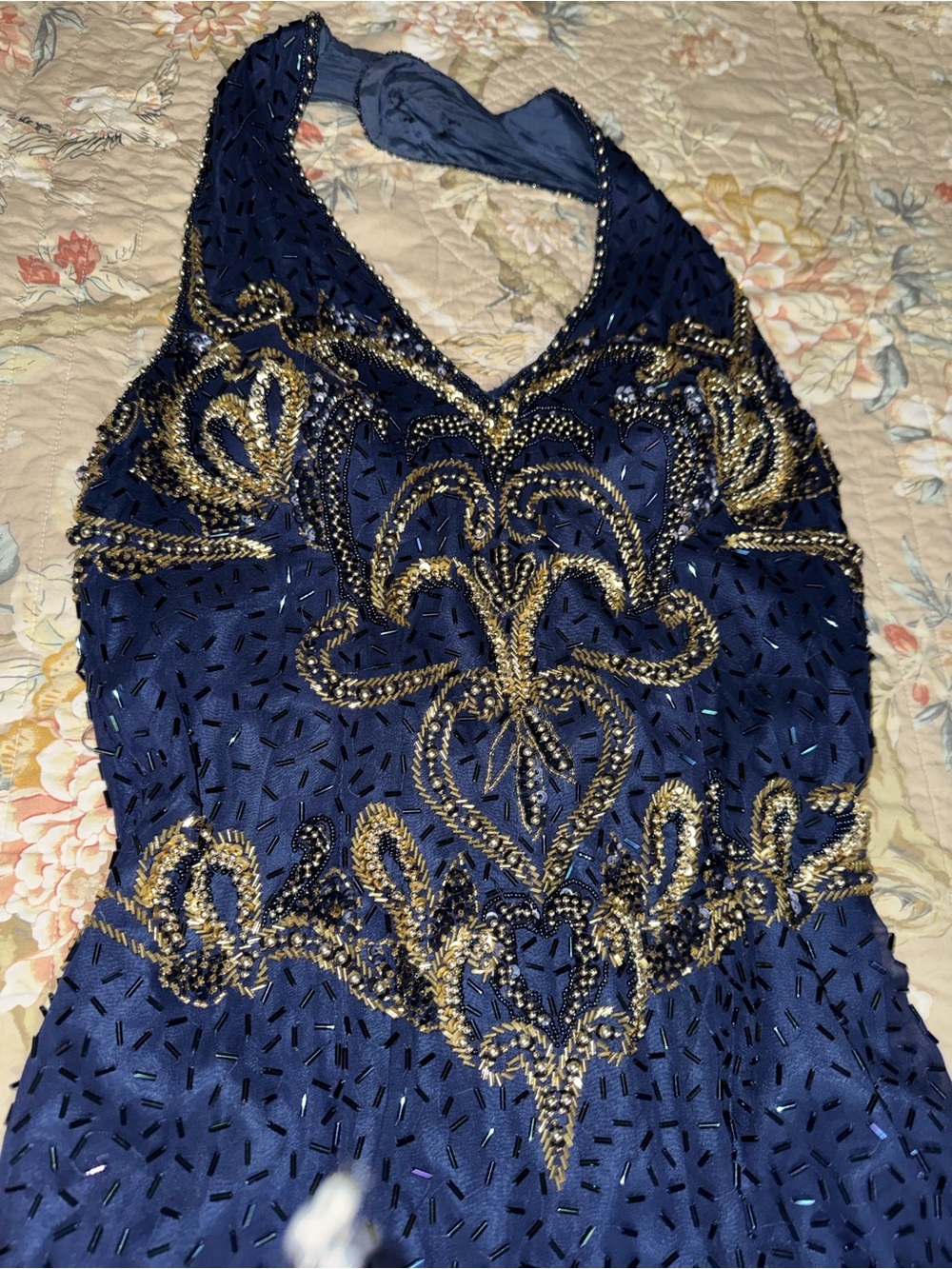 Giro Navy and Gold One-Shoulder Beaded Evening Dress